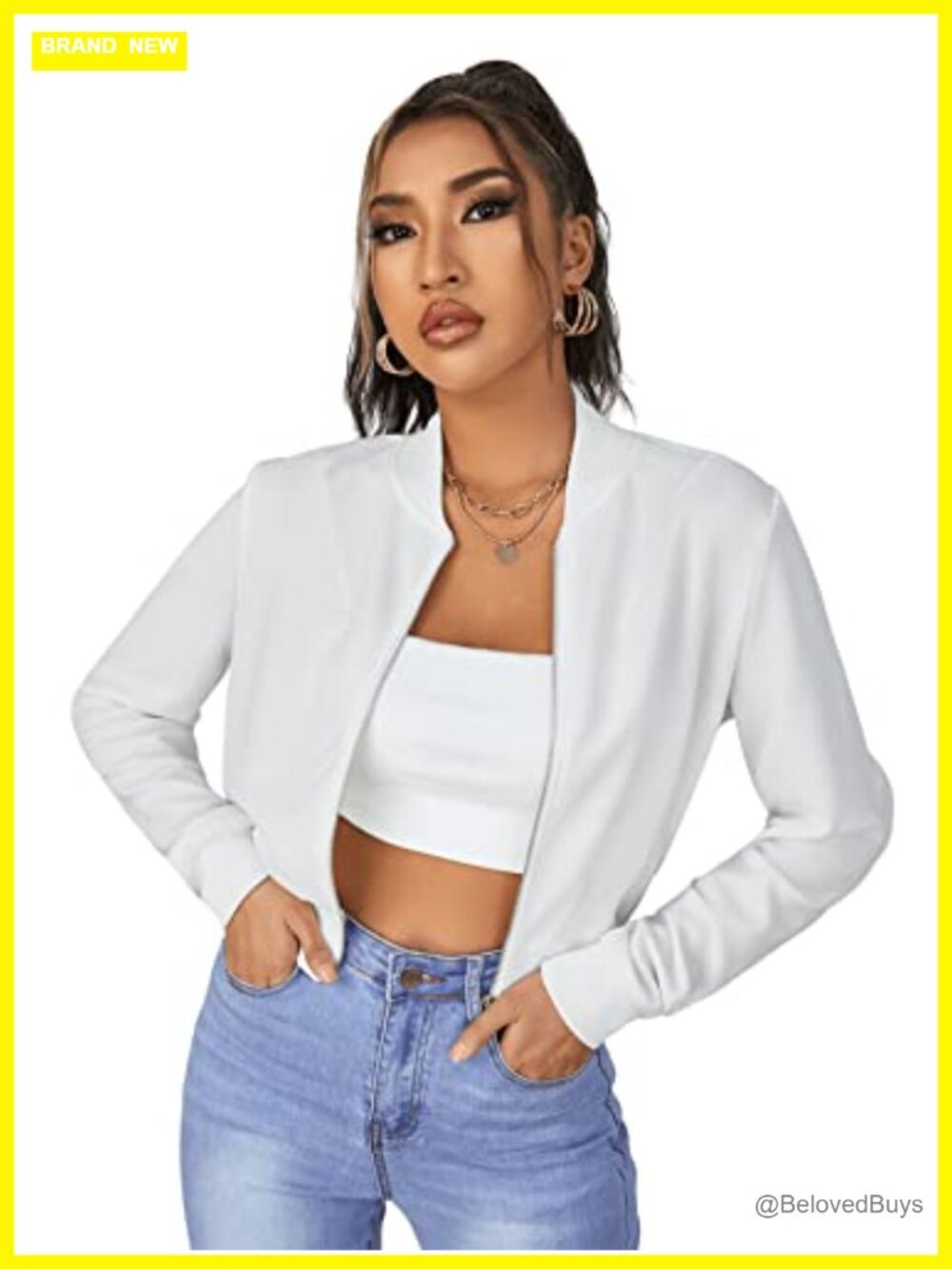 SweatyRocks Long Sleeve Solid Zip Up Crop Bomber Jacket Polyester